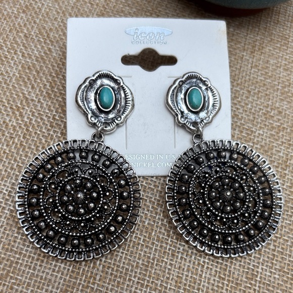 ICON Jewelry - ICON Silver-Tone Filigree Drop Earrings with Turquoise Accents